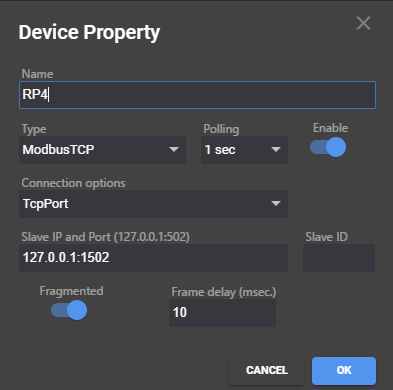 The FUXA device property dialog