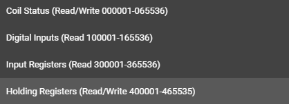 Modbus address ranges